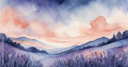 Watercolor landscape of rolling hills and mountains at sunset with dramatic clouds