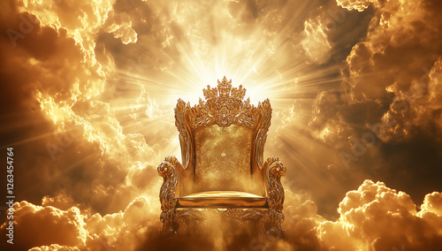 Golden throne chair with clouds and heaven background