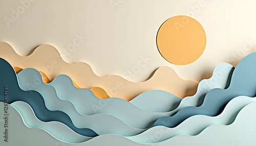 Colorful layered paper waves with a rising sun in a creative artistic design