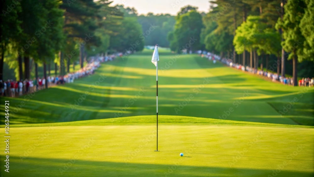Fototapeta premium Majestic Golf Course with Flags and View of Lush Green Landscape at Sunset
