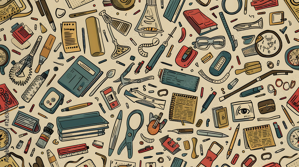 Obraz premium A colorful array of school and office supplies scattered on a desk, showcasing creativity and organization