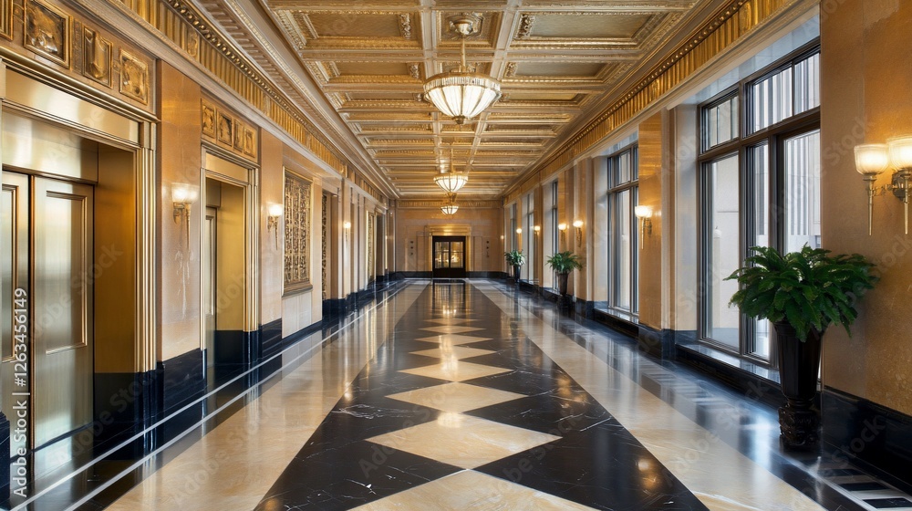 Fototapeta premium Elegant building hallway, city view, marble floor, corporate use