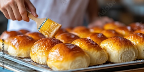 Baker glazing soft brioche bread with egg wash