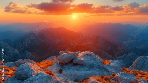 Majestic mountain sunset vista from summit photo