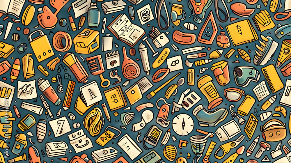 Naklejka premium A vibrant collage of assorted office supplies and tools scattered on a blue background