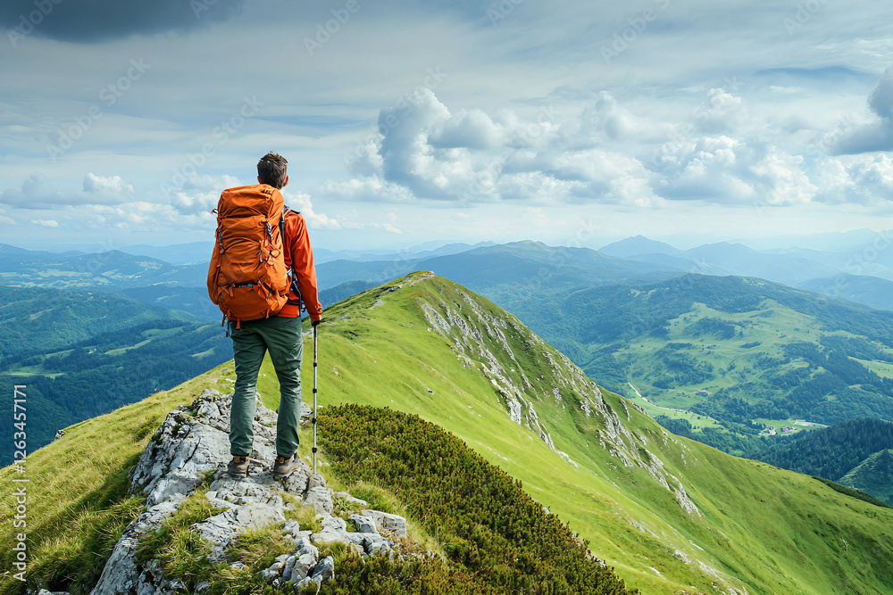 Generative AI image of a traveler exploring a scenic mountain ridge, symbolizing travel and active lifestyle