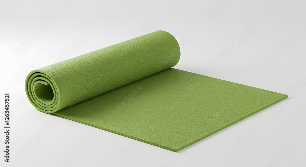Green Yoga Mat Partially Rolled Out on White Background Green Yoga Mat Partially Rolled Out on White Background