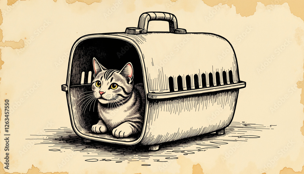 A cute cat peeking out from a pet carrier on a vintage parchment background, representing pet travel concept
