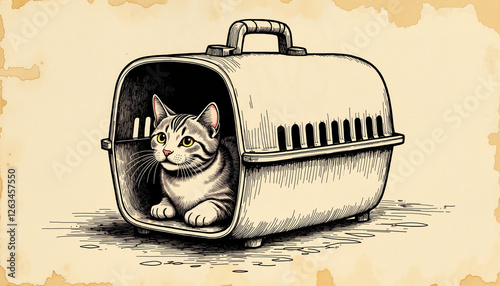 Obraz na płótnie A cute cat peeking out from a pet carrier on a vintage parchment background, representing pet travel concept w salonie