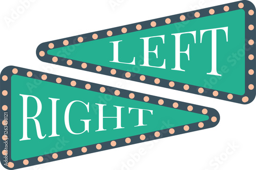 Vintage circus themed directional signs displaying Left and Right in bold white letters on green backgrounds, bordered by a series of retro style light bulbs