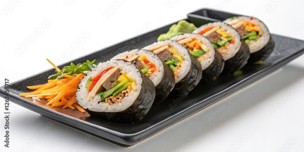 Colorful Sushi Rolls Garnished with Vegetables and Wasabi on a Black Plate Colorful Sushi Rolls Garnished with Vegetables and Wasabi on a Black Plate
