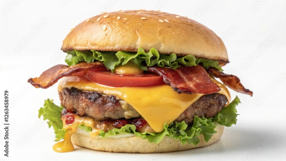 Delicious Bacon Cheeseburger with Fresh Lettuce and Tomato on a Sesame Seed Bun Delicious Bacon Cheeseburger with Fresh Lettuce and Tomato on a Sesame Seed Bun