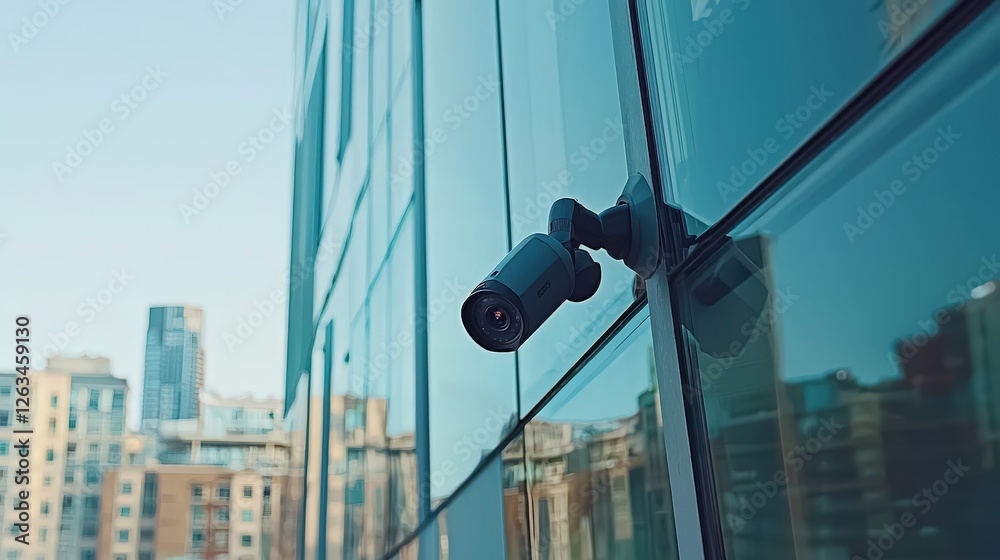 Modern Security Camera on Glass Building with Urban Background Modern Security Camera on Glass Building with Urban Background