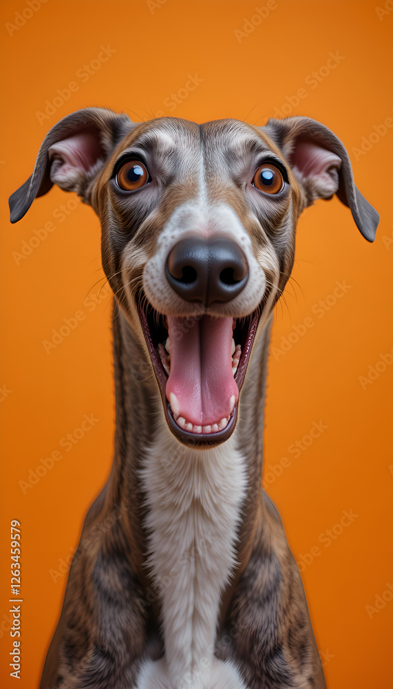 portrait of happy and smiling funny Greyhound dog against orange background. Digital artwork. Ai generated