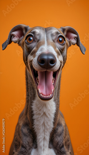 Obraz na płótnie portrait of happy and smiling funny Greyhound dog against orange background. Digital artwork. Ai generated w salonie
