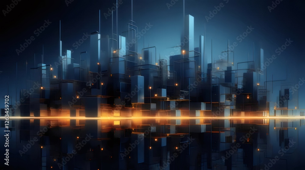 Futuristic city skyline at night, reflected in water. Futuristic city skyline at night, reflected in water.