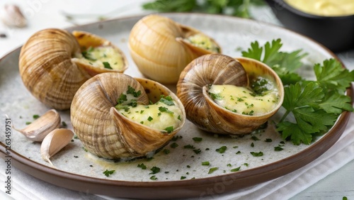 Exquisite Escargot in Garlic Butter Garnished with Fresh Herbs on an Elegant Plate