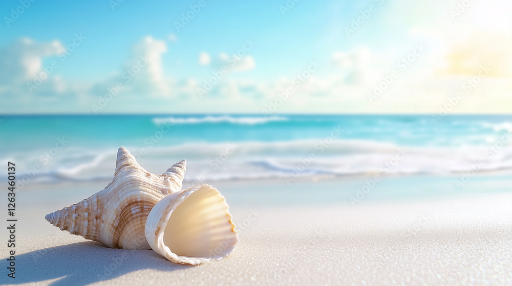 Summer Vacation Text Banner with Beautiful Sea Ocean Background, Shell, and Beach Sand Summer Vacation Text Banner with Beautiful Sea Ocean Background, Shell, and Beach Sand