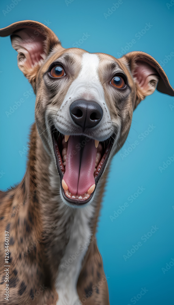 portrait of happy and smiling funny Greyhound dog against blue background. Digital artwork. Ai generated