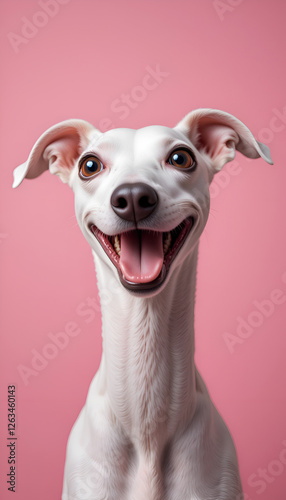 Obraz na płótnie portrait of happy and smiling funny white Italian Greyhound dog against pink background. Digital artwork. Ai generated w salonie