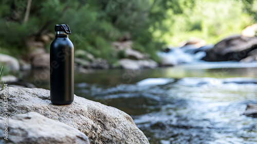 Black water bottle on a rock by a flowing river in a natural setting