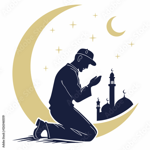 Man Praying Inside Mosque with Crescent Moon Silhouette