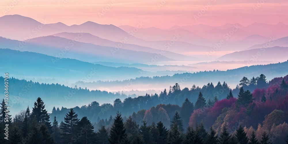 Misty Sunrise Over Rolling Mountains and Verdant Valleys in a Serene Landscape Misty Sunrise Over Rolling Mountains and Verdant Valleys in a Serene Landscape
