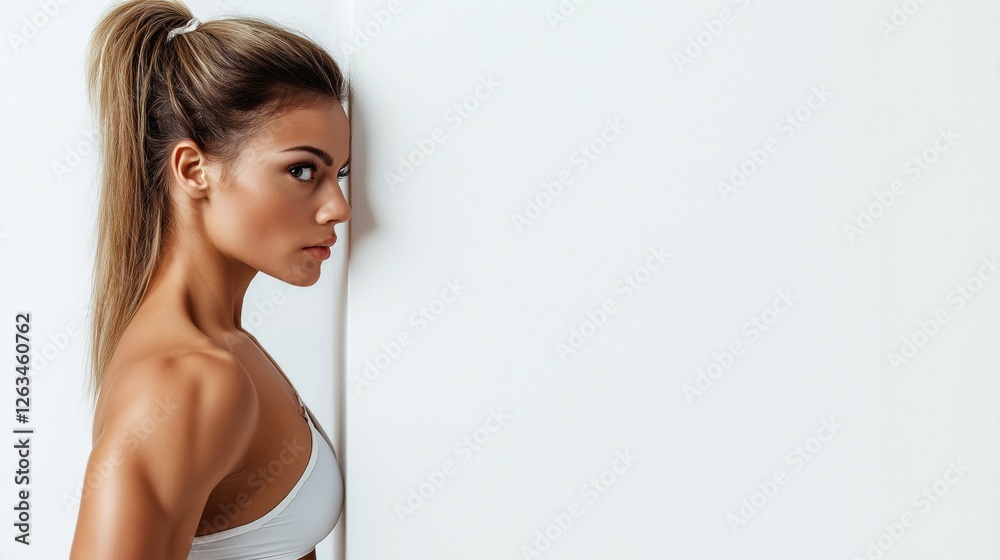 A woman with blonde hair and a white tank top stands in front of a white wall. She is looking at something behind her, possibly a wall or a person. Concept of curiosity and intrigue A woman with blonde hair and a white tank top stands in front of a white wall. She is looking at something behind her, possibly a wall or a person. Concept of curiosity and intrigue