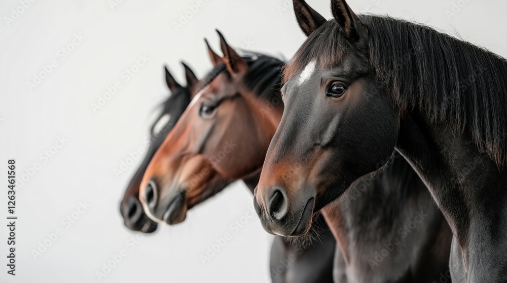 Three horses standing next to each other with one of them being black. The horses are all brown in color Three horses standing next to each other with one of them being black. The horses are all brown in color