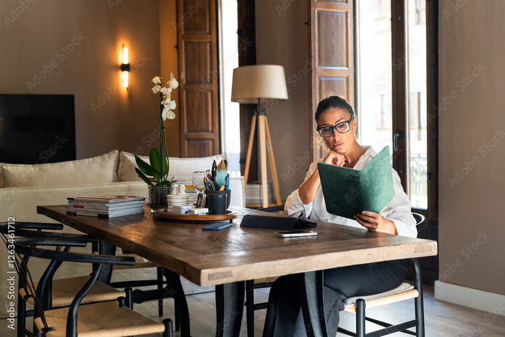 Fototapeta premium Businesswoman reading notes in her elegant home office