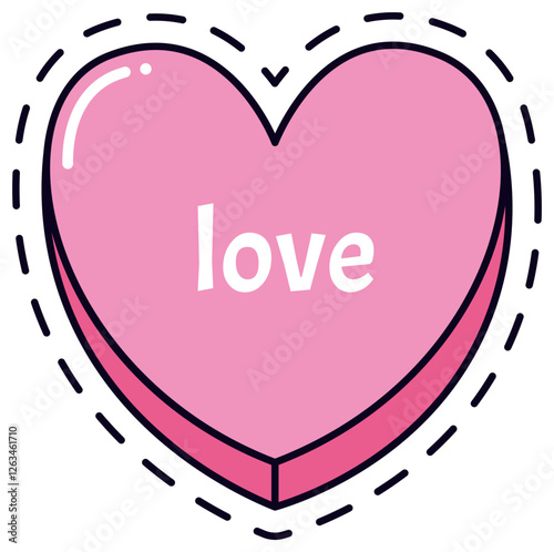 Cute pink heart shaped candy featuring the word love written on it, surrounded by a playful dashed line, ideal for enhancing Valentine s Day projects and celebrations