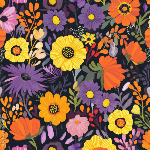 Wallpaper Mural A whimsical floral illustration with exaggerated, oversized flowers like poppies, sunflowers, and daisies. The bold, bright colors like yellow, orange, and purple create a joyful, playful atmosphere. Torontodigital.ca
