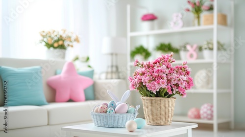 living room decorated for Easter, with a bunny-shaped pillow on the couch, pastel decorations on the shelves