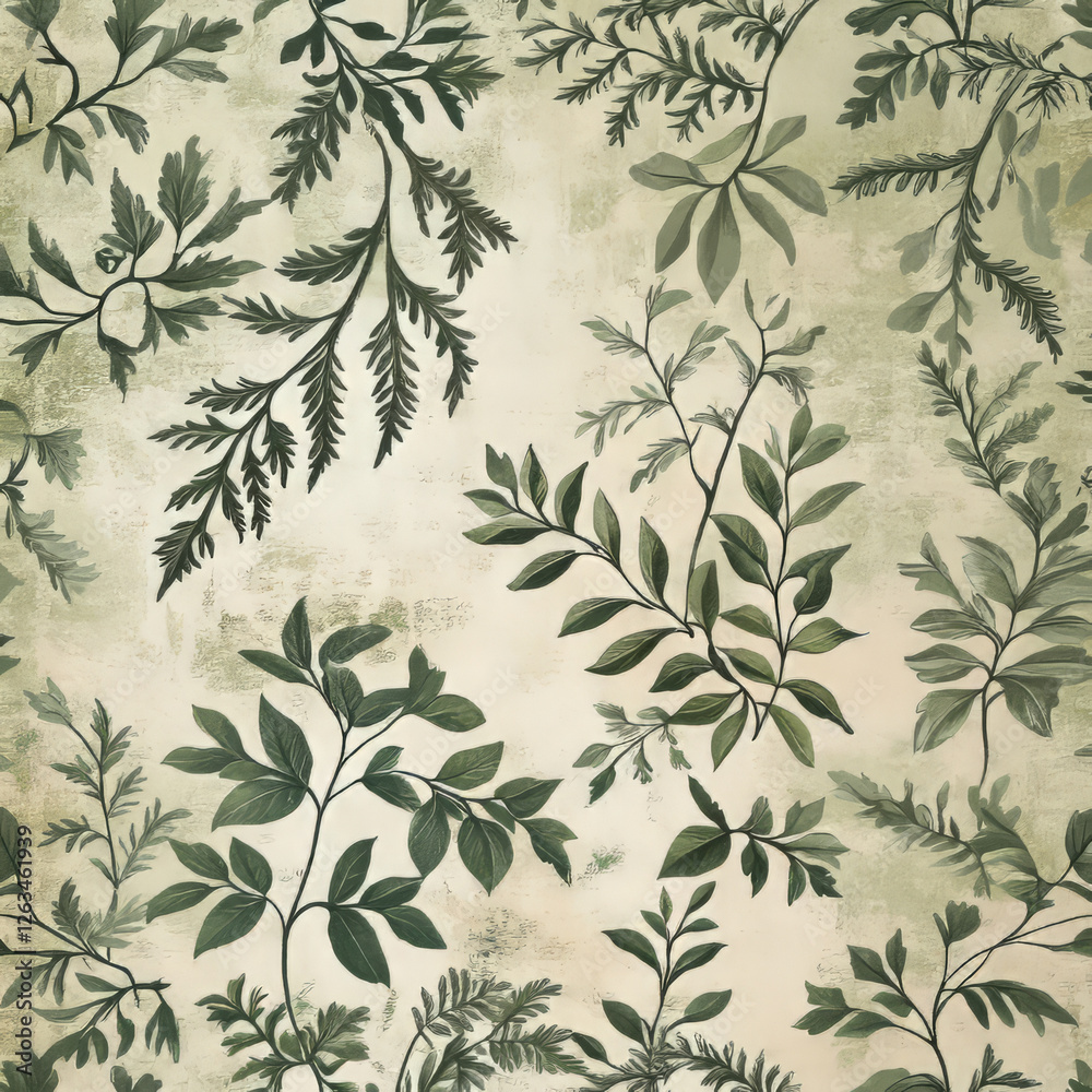A vintage botanical leaf illustration with intricately drawn ivy and fern leaves. The faded greens and soft earthy tones give the design a rustic, antique charm, perfect for classic home decor.