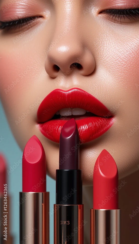 Obraz premium portrait lipstick advertising banner, vertical macro closeup photo of cute woman model face with red color lipstick applied lips and different tone lipsticks nearby 