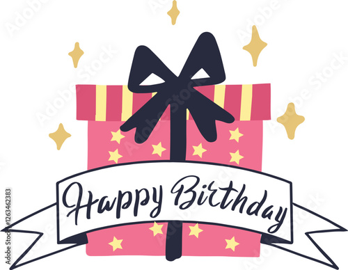 Pink wrapped gift box featuring a black bow and a cheerful happy birthday banner adorned with decorative stars, perfect for celebrating birthdays or special occasions