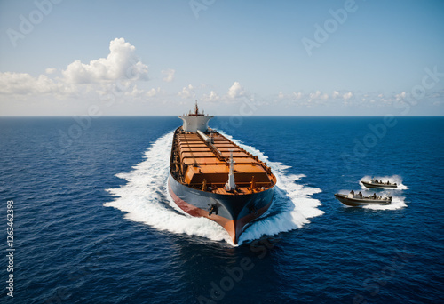 Wallpaper Mural pirate attack at sea, armed criminals on speedboats approaching a large cargo tanker ship, maritime crime, piracy threat on international waters, danger for shipping industry Torontodigital.ca