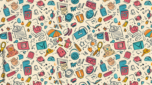 Colorful illustration of various everyday objects scattered across a light background, ideal for creative projects