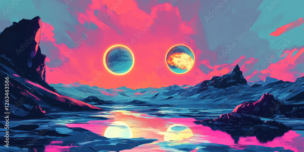 A futuristic alien sky filled with three vibrant suns, casting surreal multicolored shadows across a gaseous exoplanetâ€™s landscape.