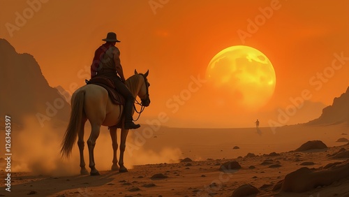 A gaunt horseman rides towards a distant oasis under a scorching sun with a drained color palette, amidst a desolate and war-torn landscape.