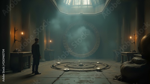 A solitary figure in a dimly lit, smoke-filled room amidst intricate clockwork mechanisms and impossible geometry.