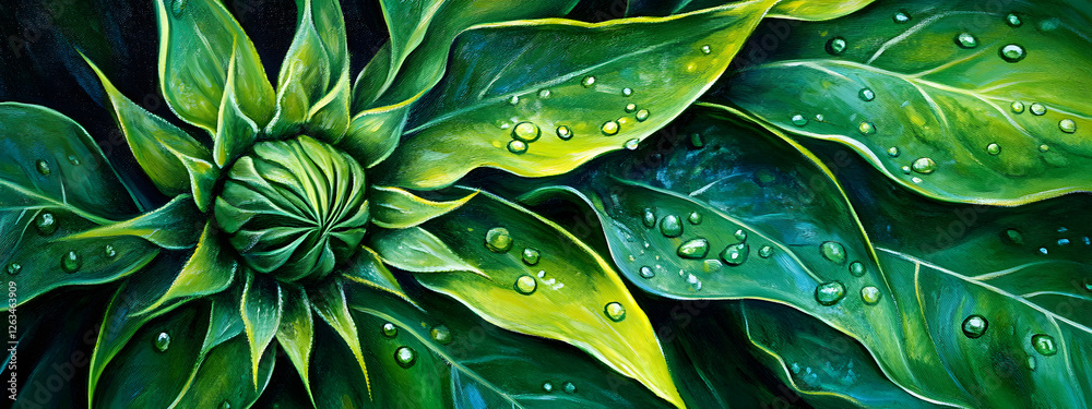 Fototapeta premium Close-up of yellow-green leaves with water droplets, macro photography 