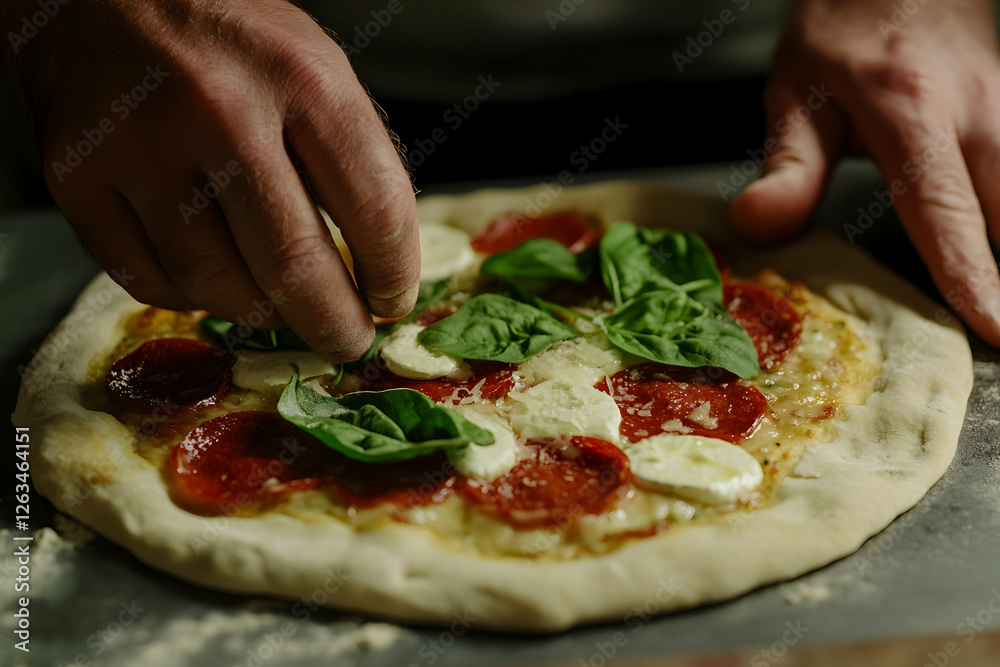 Culinary scene of hands crafting a homemade pizza with fresh ingredients Culinary scene of hands crafting a homemade pizza with fresh ingredients