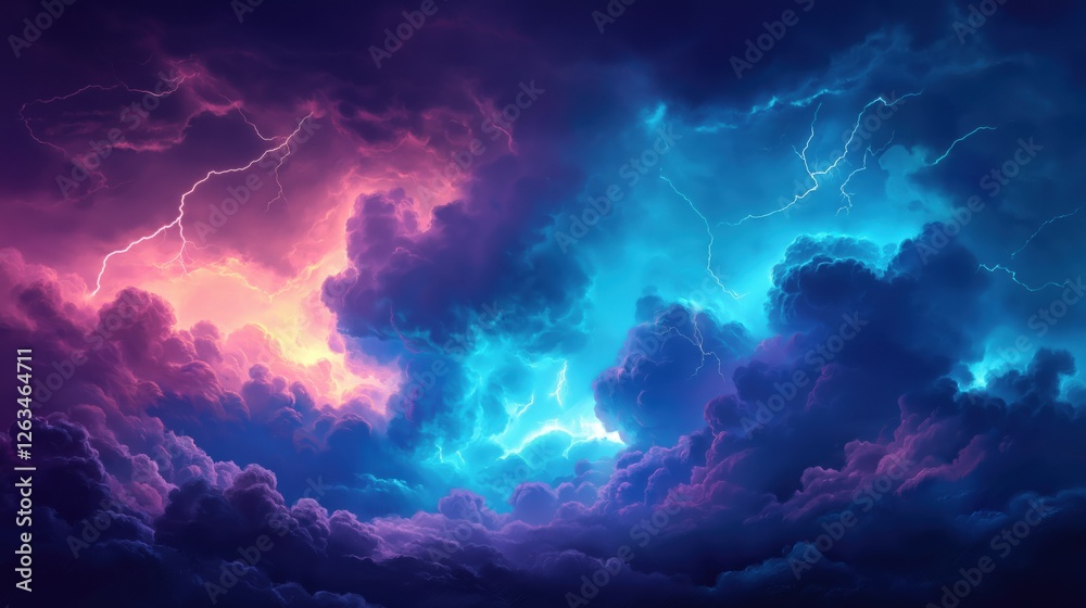 Fototapeta premium Dramatic thunderstorm sky with vibrant lightning bolts and dark clouds