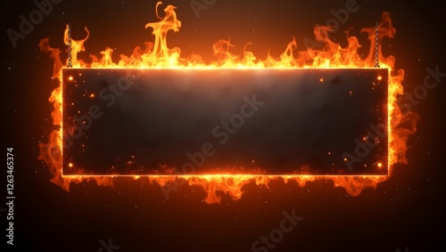 Rectangular frame burning with fiery flames on dark background, copy space