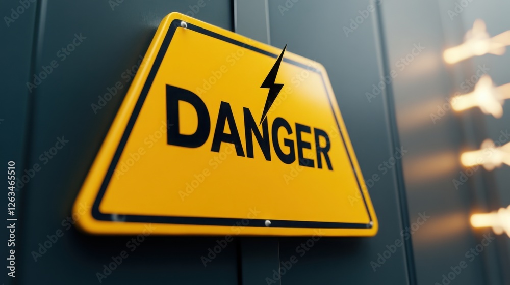 Fototapeta premium A bright yellow triangular warning sign with a bold black lightning bolt and the word 