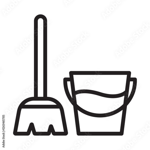 besom with stick and pail icon Thin line illustration