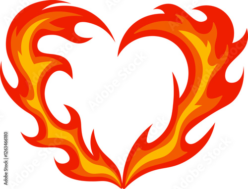 Stylized flames in vibrant red and orange forming a heart shape, representing burning love and passion against a clean white background. Ideal for romantic themes and celebrations