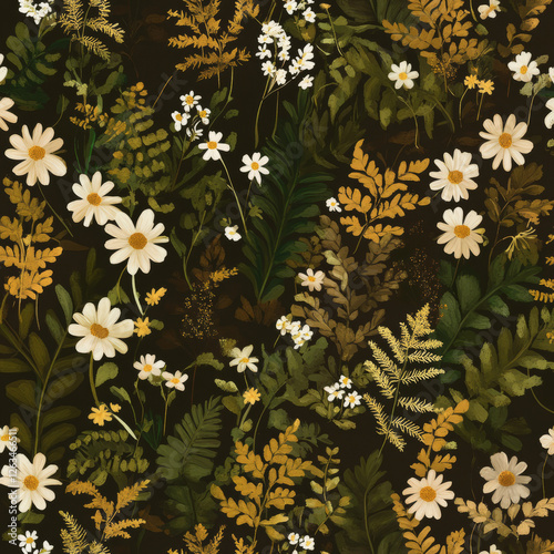 A nature-inspired floral illustration with ferns, moss, and small wildflowers like daisies and buttercups in earthy tones of green, brown, and mustard yellow. The design feels natural and grounded. photo