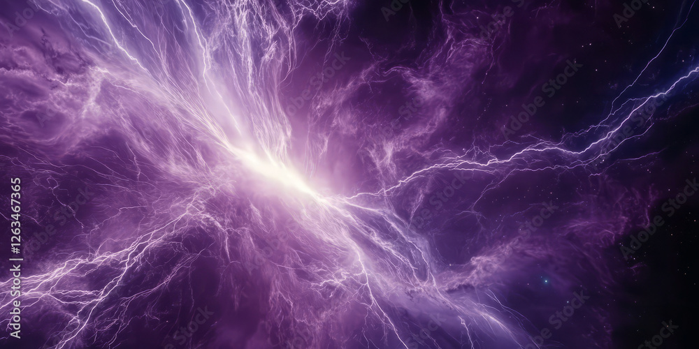 Obraz premium A luminous purple and cyan plasma storm tearing through the cosmos, charged energy crackling in electric arcs across the void.